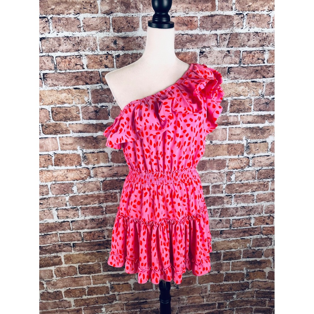 Buddy Love Pink Red One Shoulder Ruffle Smocked Mini Dress Medium Heart Print